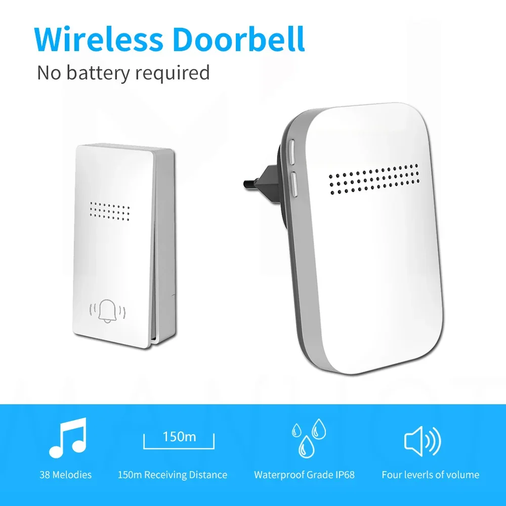 ใหม่ไร้สาย Doorbell ปลั๊กกันน้ําปุ่มไม่ต้องใช้แบตเตอรี่แหวน Bell Chimes ชุดบ้านสมาร์ทประตู Bell 38 Ringtones