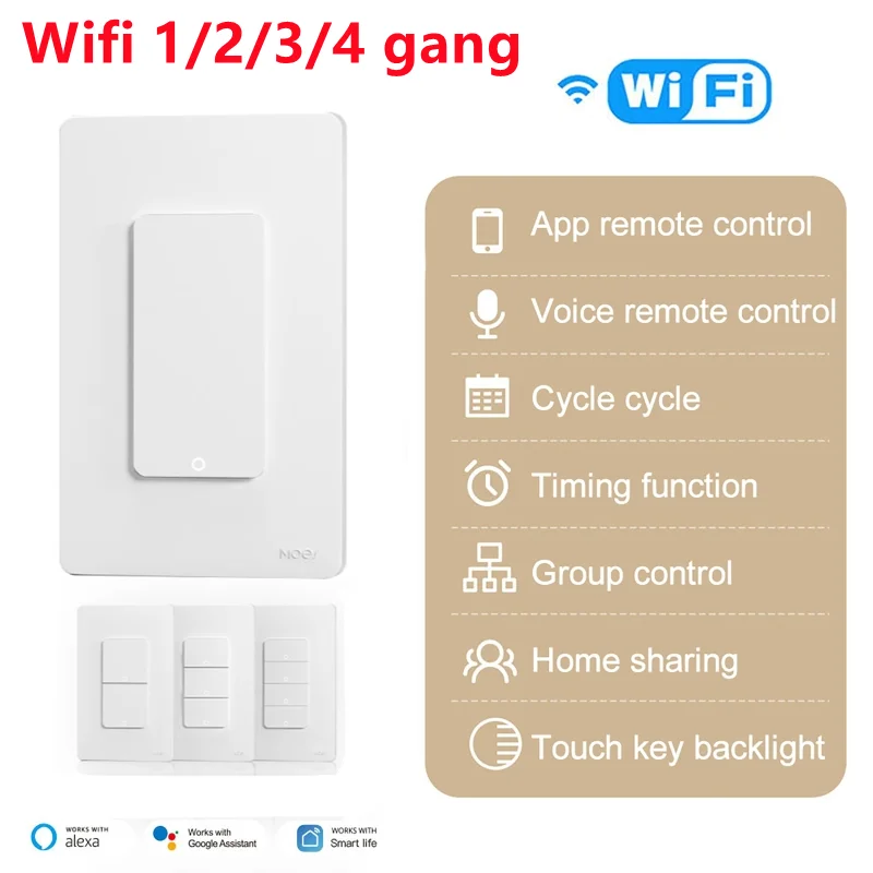 

Tuya WiFi Push Smart Switch Кнопка Настенные выключатели света 1-4 группы Нейтральный провод Не требуется Переключатель Беспроводное управление Alexa Google