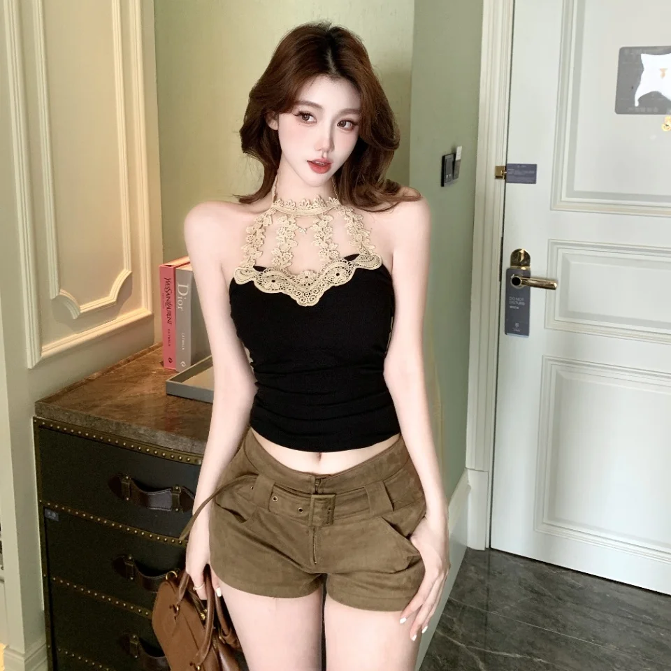Summer New Pure Desire Embroidered Splice Hanging Neck Vest Slimming Integrated with Chest Pad Versatile Top Women