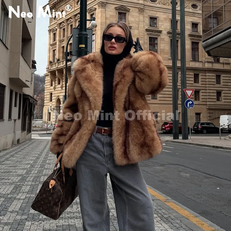 

Neo Mint Элитный бренд Модная женская желтая полосатая куртка из искусственного меха Пальто Шикарная зимняя теплая верхняя одежда оверсайз для девочек 2025 года