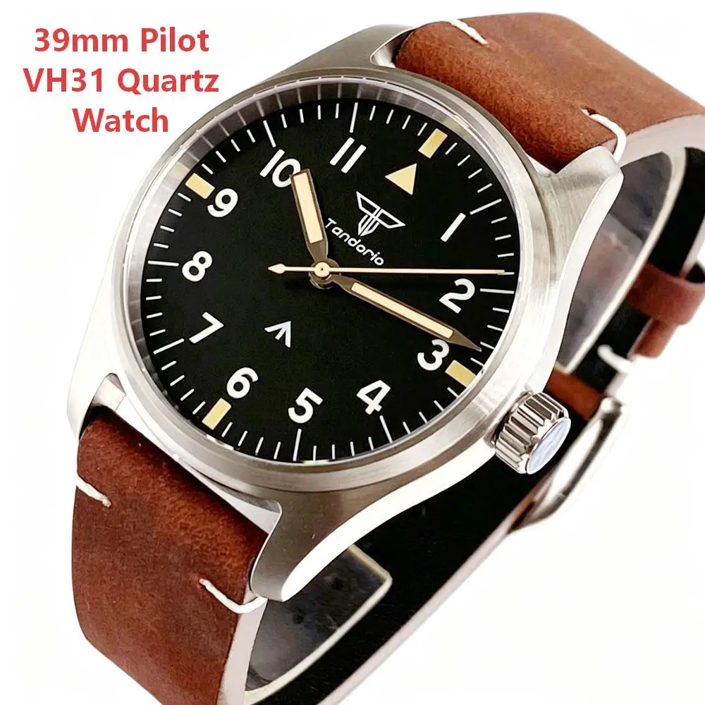 39mm Pilot Retro Men's VH31 Quartz Watch Stainless Steel Sapphire Glass 100m Waterproof Luminous Marks Leather Band Reloj Hombre