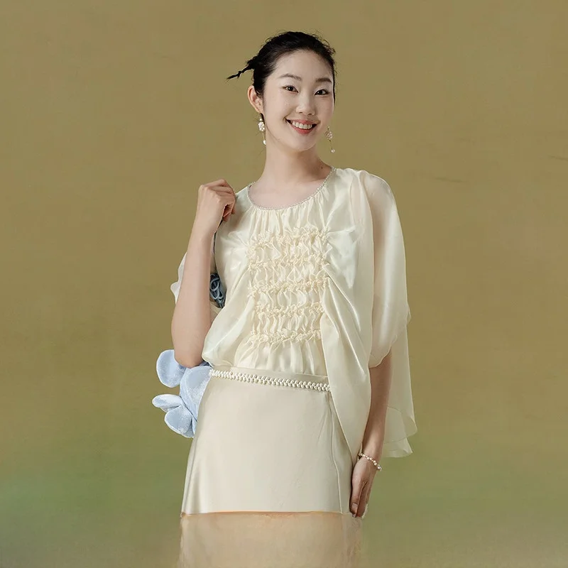 

Elegant Vintage Embellished Shirt Women's Loose Fit Casual Style Polyester Fiber round Neck Five Sleeve Casual Shirt