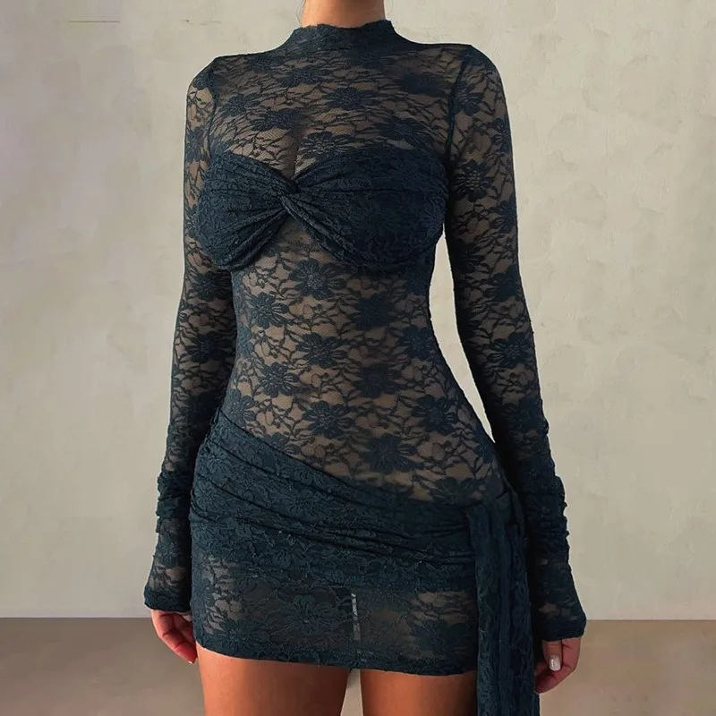 Talenza Abito sexy nero Moda Patchwork di pizzo Scava fuori Abito twist con volant trasparente Nuovo abito da donna a vita alta