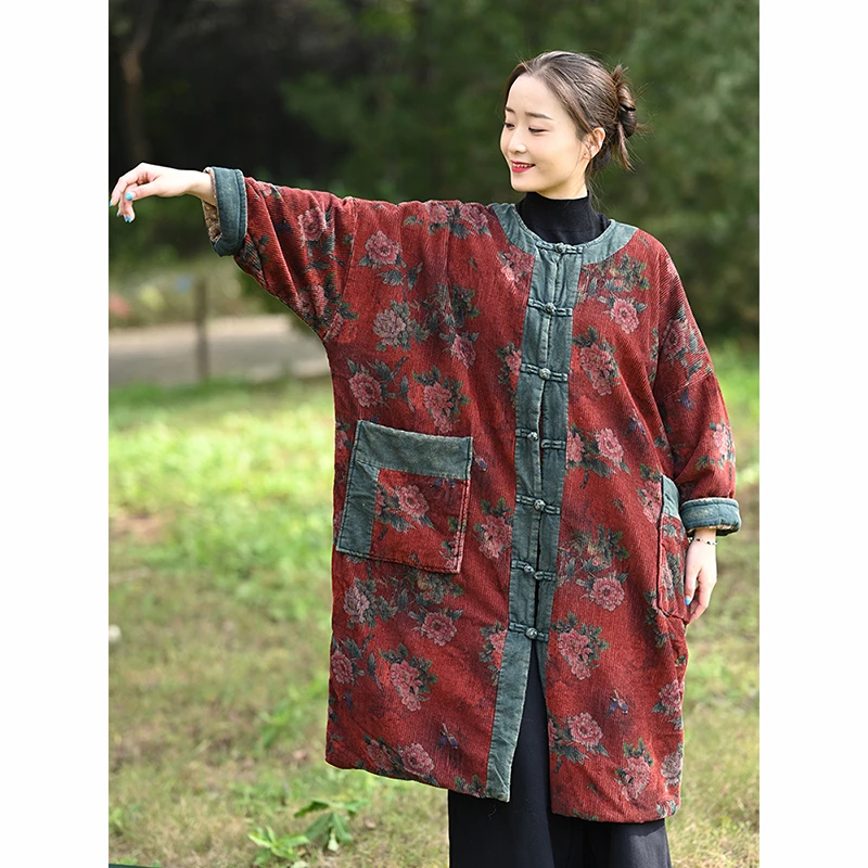 

25 New Arrival Winter Women Vintage Floral Print Single Breasted Parkas Casual Loose Long Sleeves Good Quality Cotton Coats J245