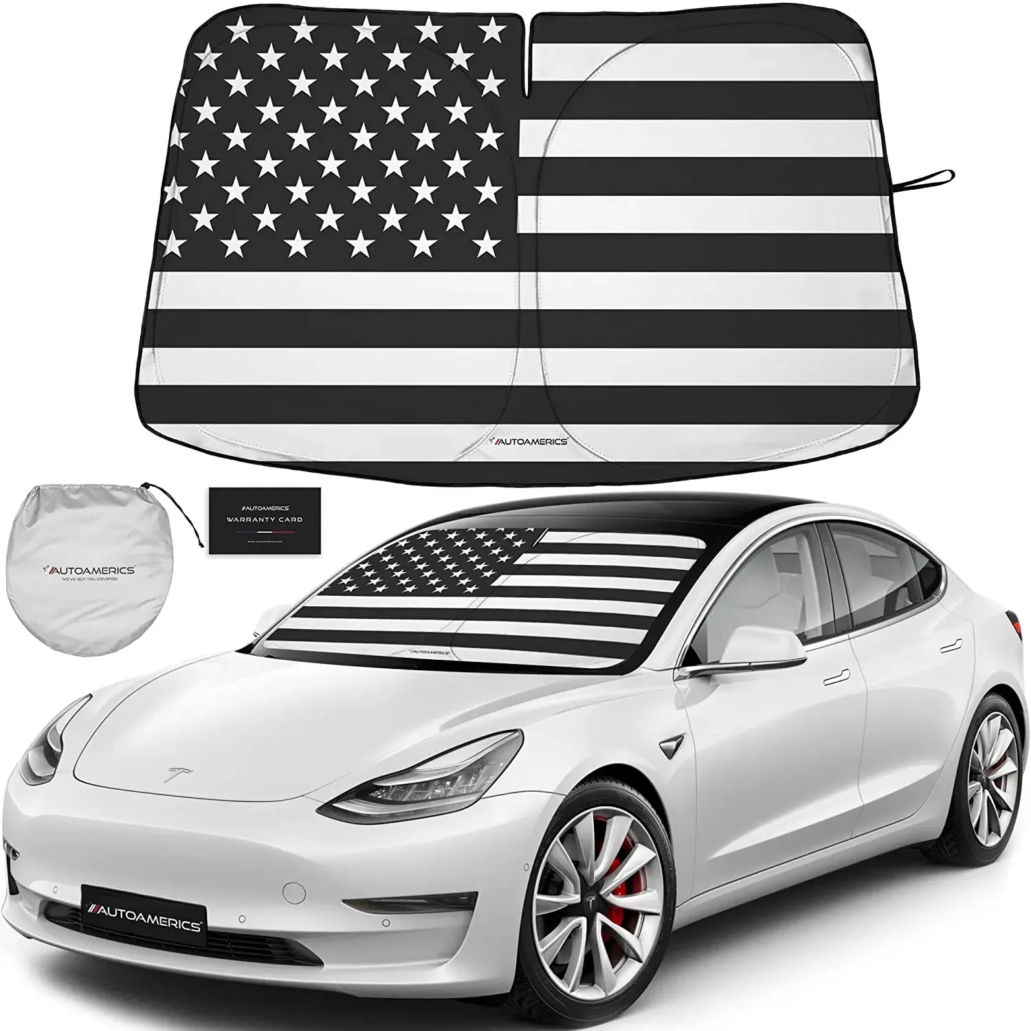 Autoamerics 1-Piece Windshield Sunshade New USA B&W Patriotic Flag - Specially Designed for Tesla Model 3 and Y - Foldable Light