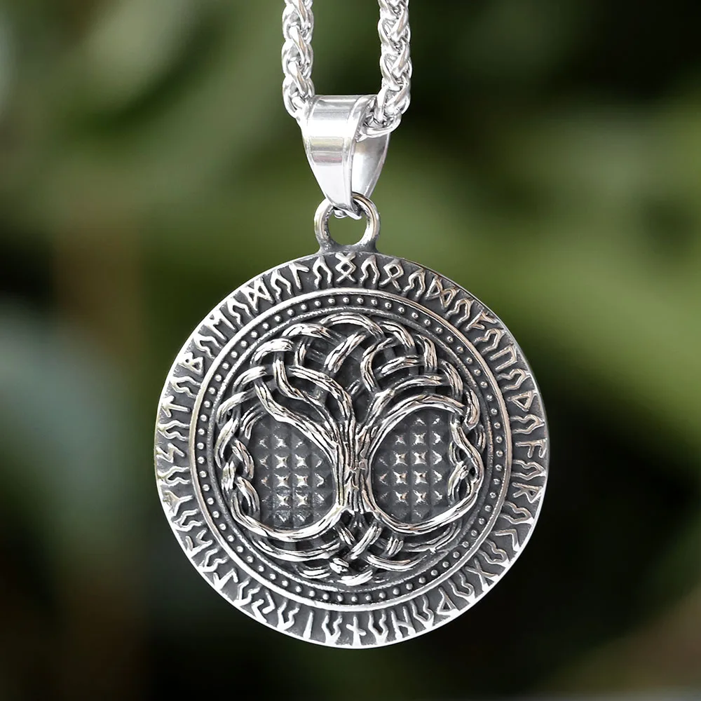 2024 Hip-Hop Trend Stainless Steel Retro Life Tree Disc Pendant Trend Men and Women  Necklace Clothing Accessories Gifts