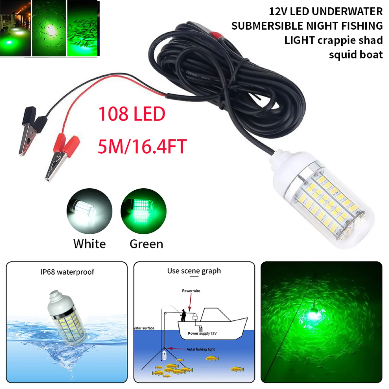 12V-24V Green White Squid Lamp IP68 Waterproof Fish Attractant Stick Bait Lure Night Submersible Underwater LED Fishing Light