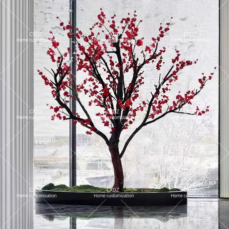 Simulation Red Plum Tree Artificial Blossom Stump Fake Flowering Plant for Living Room Hotel New Year Festival Home Decor