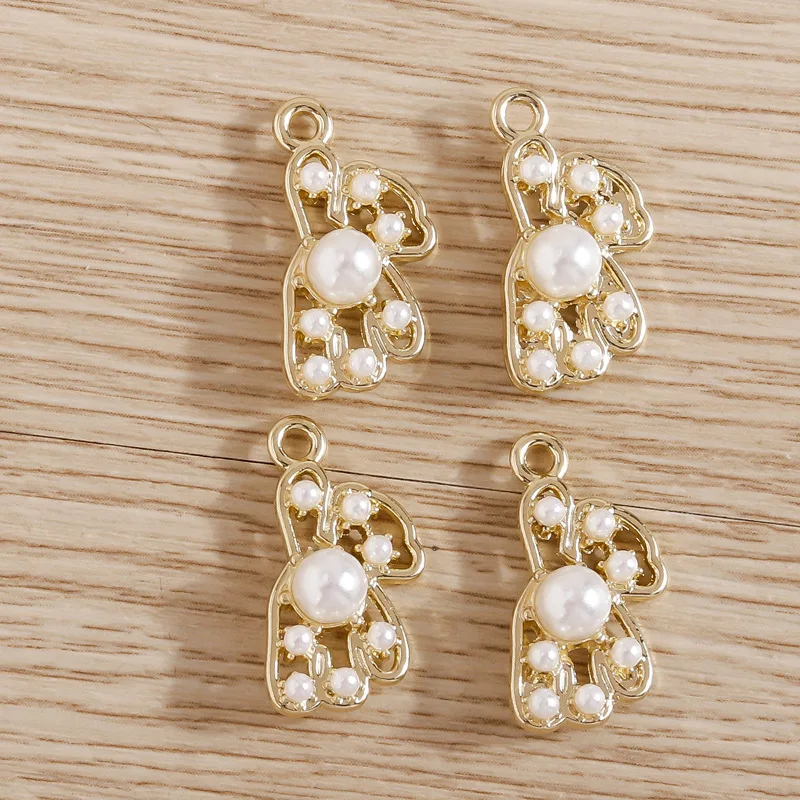 8pcs/pack Alloy Simple Cartoon Teddy Bear Pendant Inlaid With Pearl Jewelry Accessories Light Luxury Cat Eye Stone Pendant