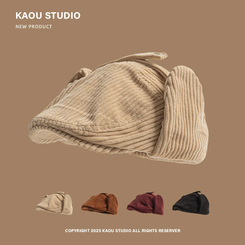 Japanese Retro Corduroy Warm Solid Color Forward Hat Men's and Women's Winter Personalized Ear Protection Short Brim Newsboy Cap