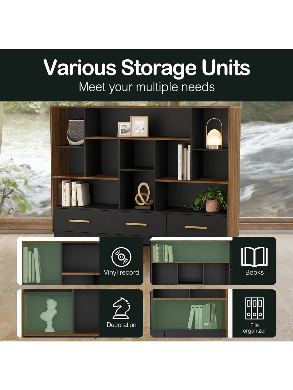 Organizer Penyimpanan Rak Buku Lebar, Rak Buku Kayu dengan 5 Kubus Terbuka, Rak Buku Berdiri Di Lantai untuk Rumah Kantor, Ruang Tamu