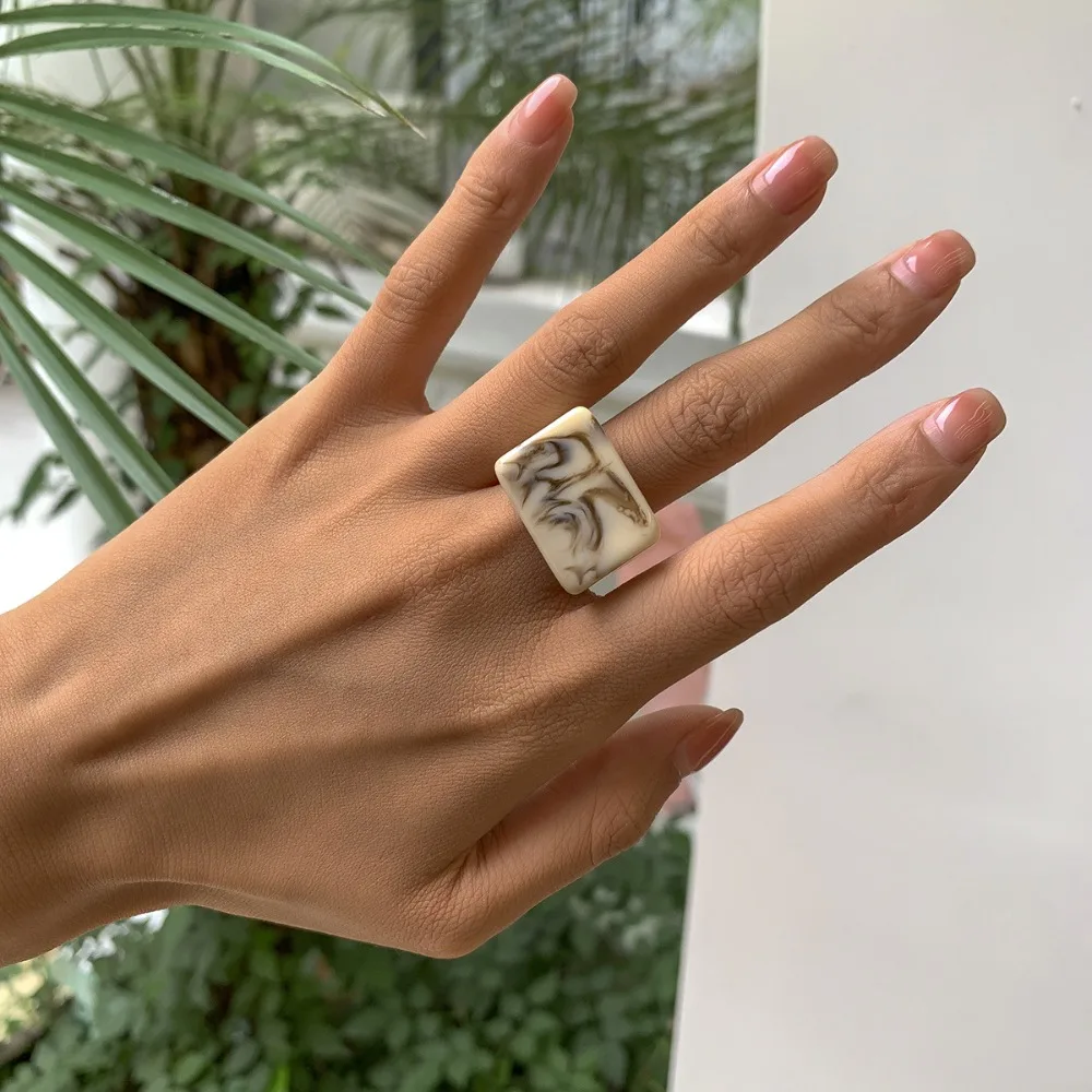 خاتم راتنج أكريليك مربع هندسي ، خاتم براقة ، ملون ، مزاجه ، بساطة ، موضة جديدة #4