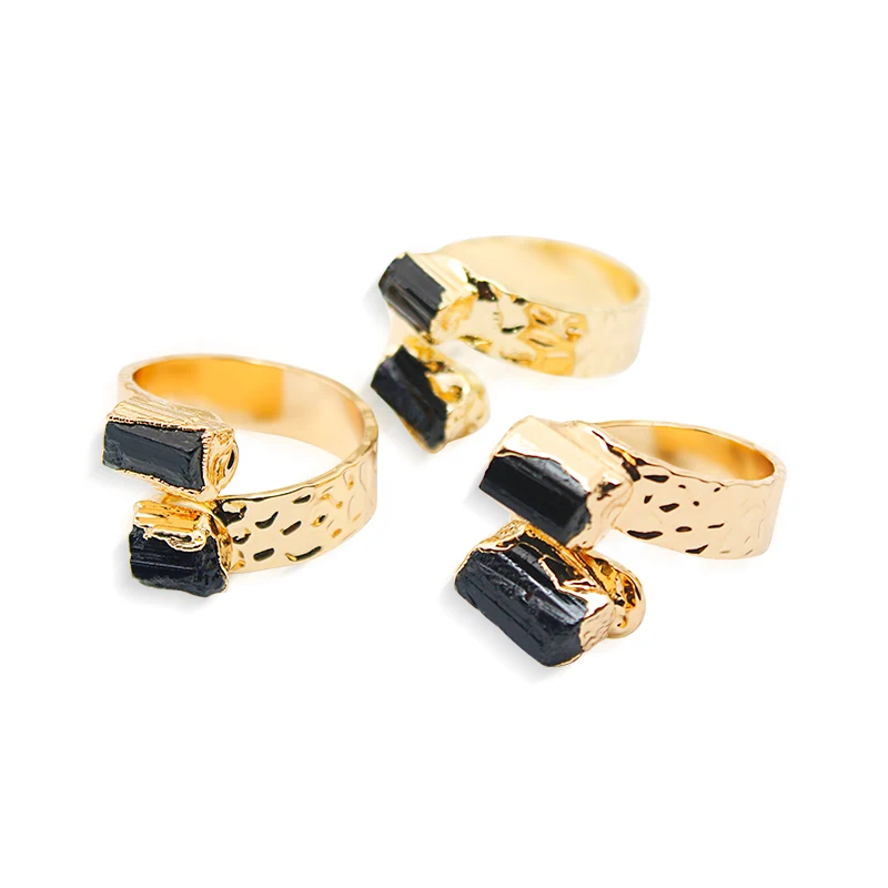 Irregular Black Tourmaline Open Ring for Women Girls Gold-color Double Side Raw Stone Finger Jewelry Resizable