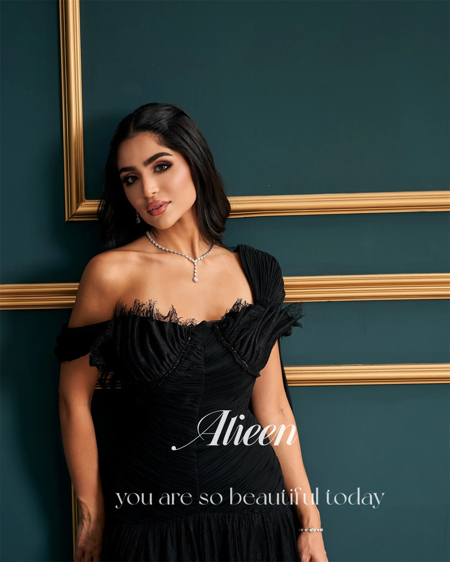 Aileen فسات Mohamedacomة Luxe avondjurken voor dames 2025 Luxe zwarte vestidos de festa zeemeermin op maat gemaakte off-shoulder jurk