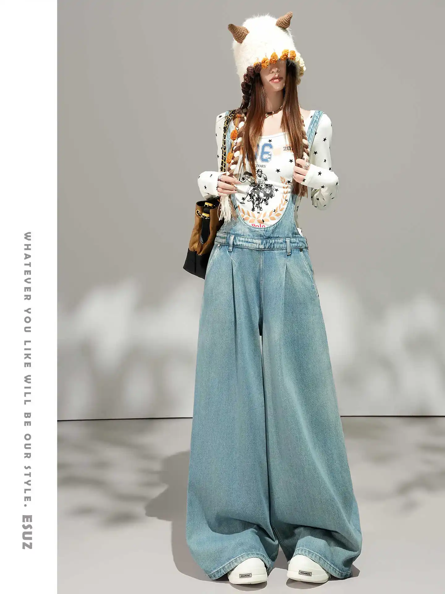 

Light Blue Wide Leg Denim Overalls 2026 Women's Spring New Loose Suspender One-piece Floor Pants