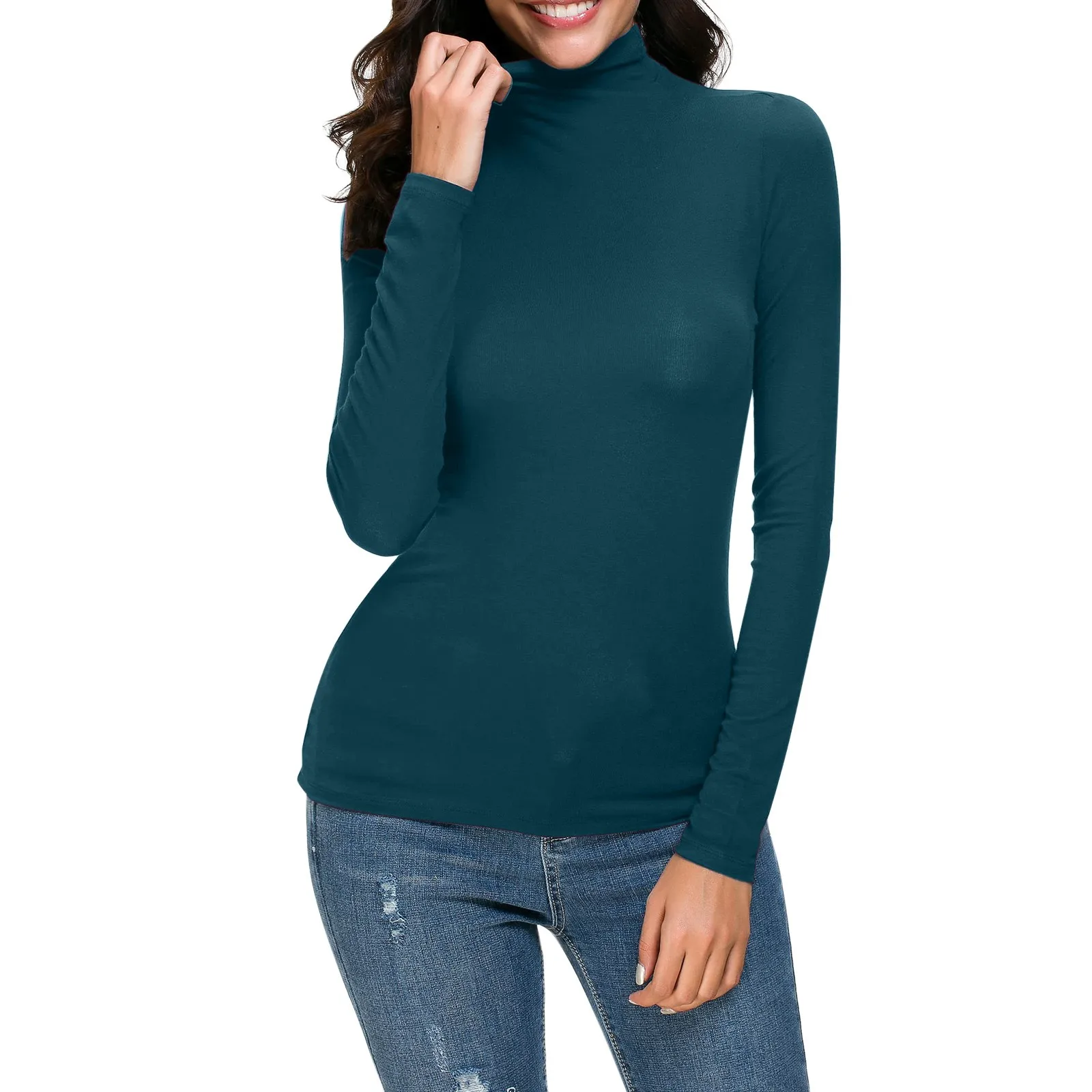 Women Knitted Tops Pullover Fashion Solid Color Long Sleeve Mock Turtleneck Blouse Base Tops Slim Fit Stretchy Layer Tee Shirts