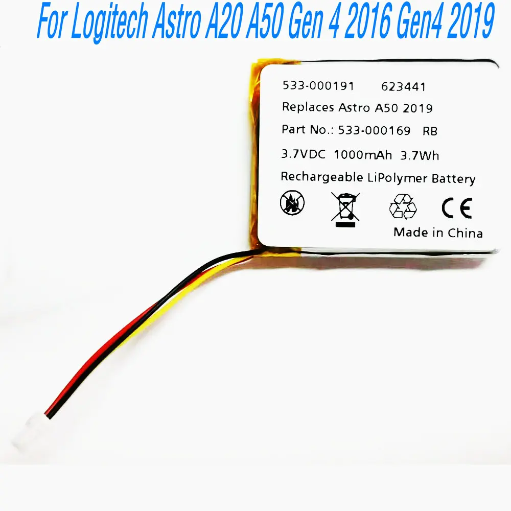

533-000191 533-000169 Литий-ионная полимерная аккумуляторная батарея для беспроводной гарнитуры Logitech ASTRO Gaming A50 A20 1000 мАч 3,7 В
