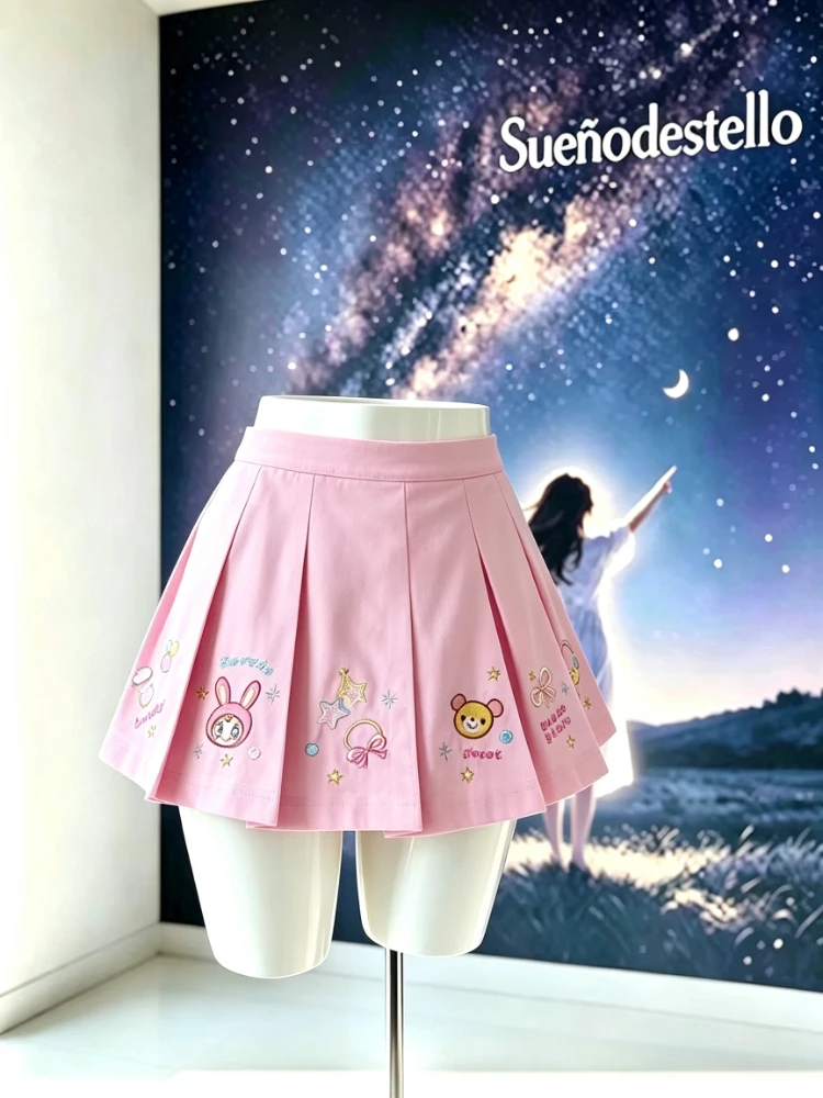 Sweet Kawaii Harajuku High Waist Pleated Mini Skirt Women Embroidery Cartoon Bow Print Pink Slim Fit Casual Daily Outfit 2026