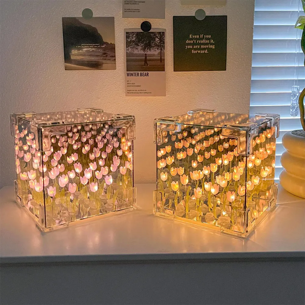 DIY Tulip Mirror LED Light Handmade DIY Magic Cube Mirror Night Light Gift