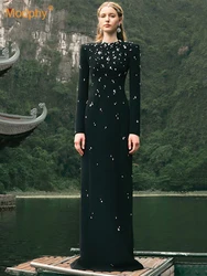 Modphy Heavy Industry Diamond Bead Slim Elegant Long Dress Women O-Neck Long Sleeve High Waist Temperament Dresses Female