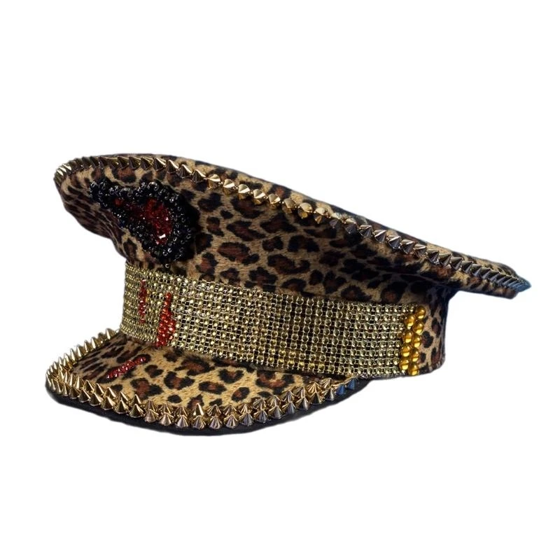 

400A Leopard Hats Bridal Glitter Cap Ship Sailor Captain Costume Hat For Men Womens