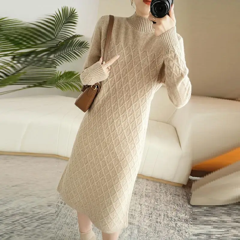 

Female Half High Neck Geometric Knitted Dress 2023 Autumn Winter Loose Casual Fashion Dress Solid Color Over Knee Long Dress