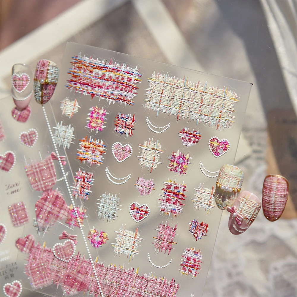 1 Uds. De pegatinas para uñas con textura de lana dulce, rejilla de corazón, collar de perlas francesas de amor a cuadros, calcomanías para uñas, deslizadores de manicura de estilo coreano Y2K