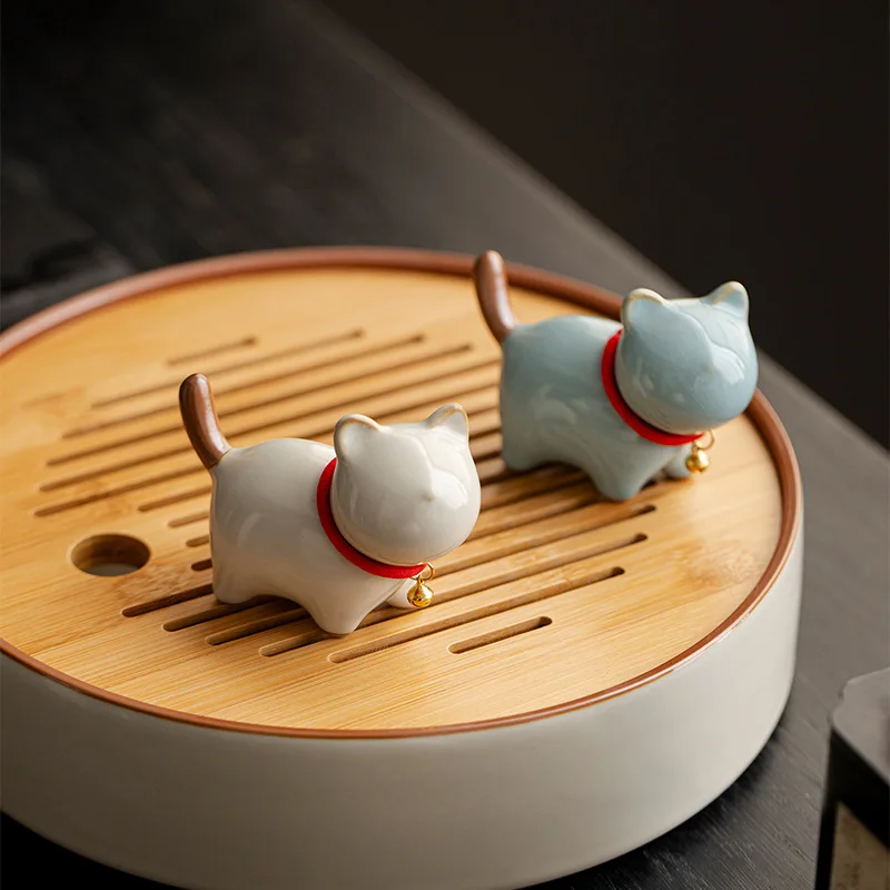 Ru Kiln Crackle Glaze Cat Tea Pet Nurturable Handmade Ceramic Figurine for Gongfu Tea Table Home Office Decor Gift