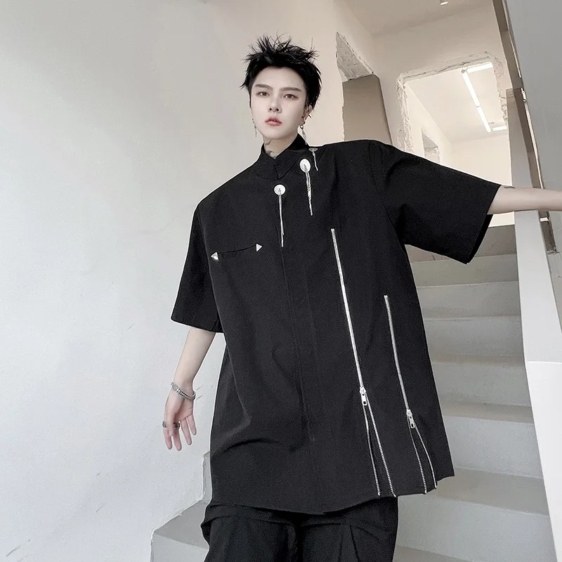 

Мужская рубашка в стиле ретро с воротником-стойкой, на молнии, с коротким рукавом, модная, свободного кроя, молодежная, универсальная, на все сезоны