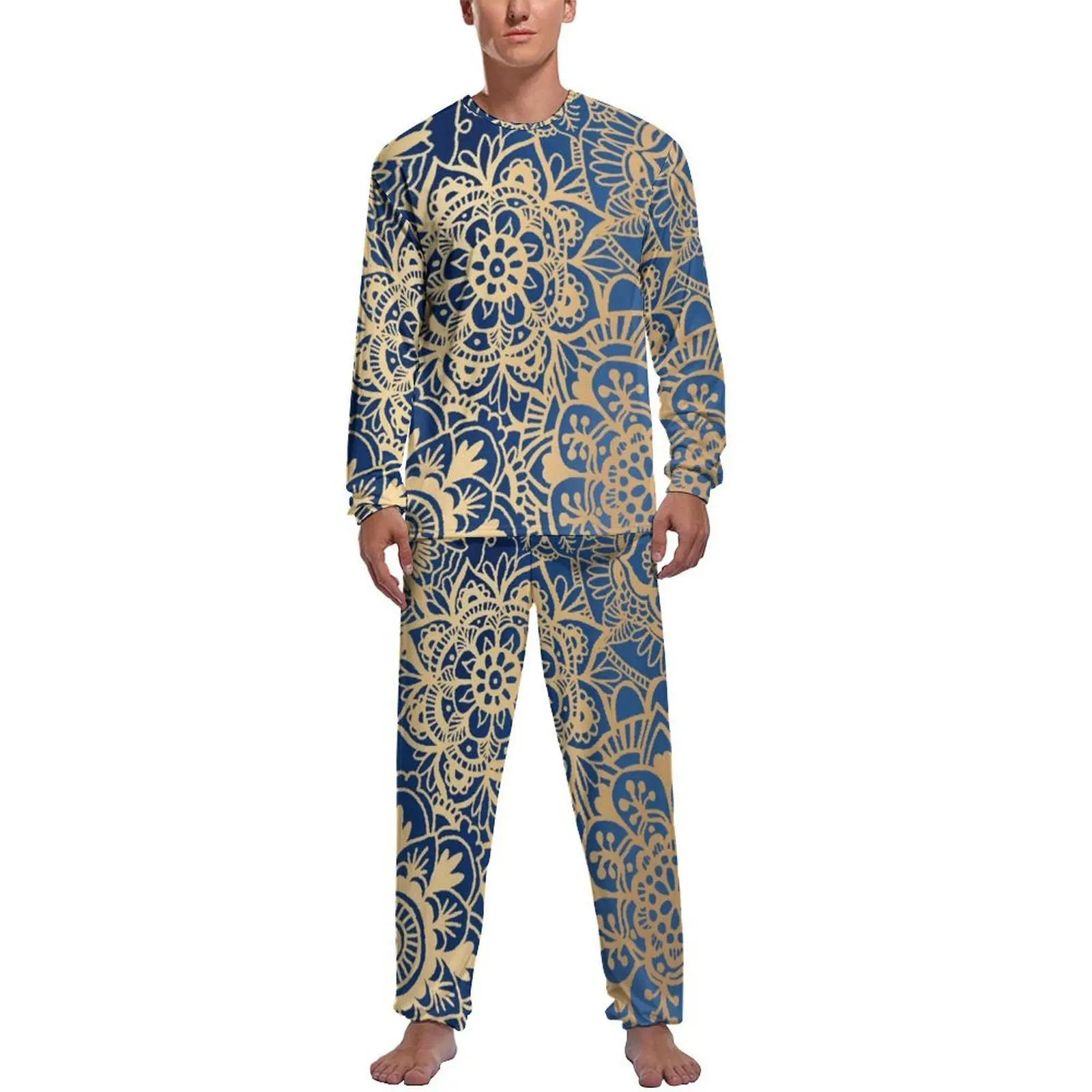 

Retro Gold Mandala Pajamas Long-Sleeve Trendy Bohemian Print Two Piece Casual Pajama Sets Autumn Men Graphic Lovely Sleepwear