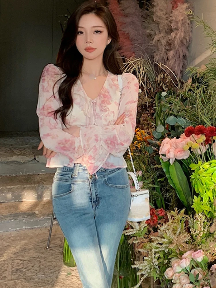 Chiffon Print Elegant Vintage Blouse Women Flare Sleeve Fairy Sweet Blouse Female Ruffles France Style Causal Tops Summer 2023