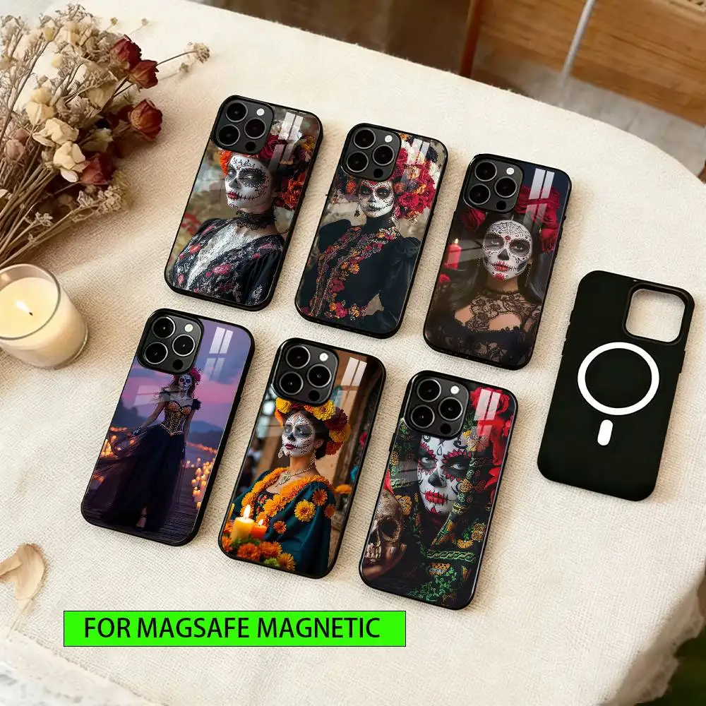 

Day of the Dead Mexican Catrina Skull Phone Case For iPhone17,16,15,14,13,12,11 Plus,Pro Magnetic For Magsafe Wireless Charging