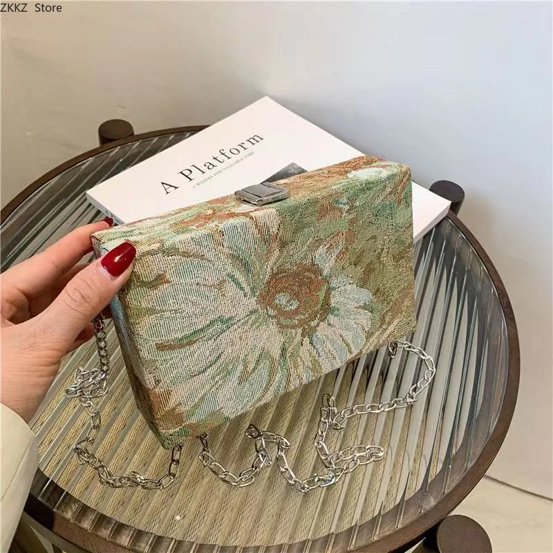 Chinese Style Oil Painting Small Square Bag Women's Embroidery Box Bag Chain Crossbody Bag Mobile Phone Shoulder Bag