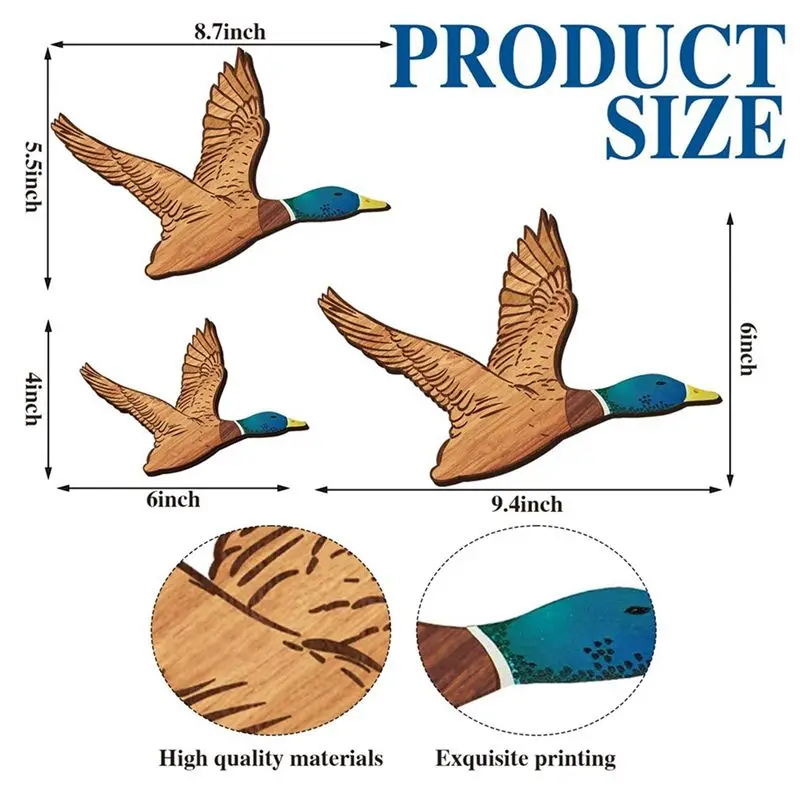 B84B 6 Pcs Mallard Wooden Duck Wall Decor, 3 Sizes Rustic Wood Ducks Wall Art Carved Home Decor for Bathroom, Living Room,
