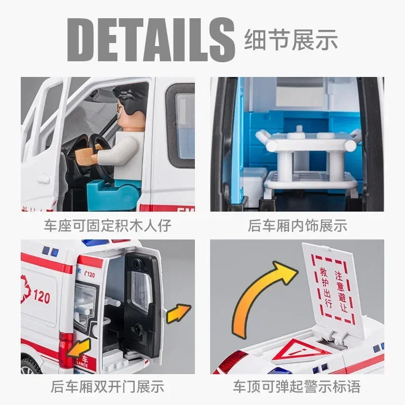 1:32 Mercedes-Benz ambulance fire engine Diecast Metal Alloy Model car Pull Back Sound Light Car Children Gift Collection A648