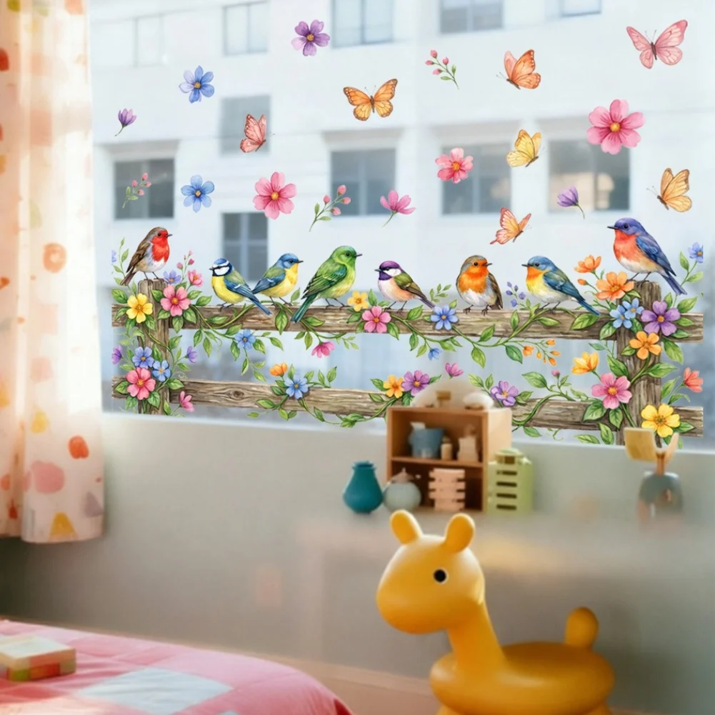 Glass Door Decal Bird Floral Sticker For Home Decoration Colorful Static Cling Technology Modern Minimalist Style