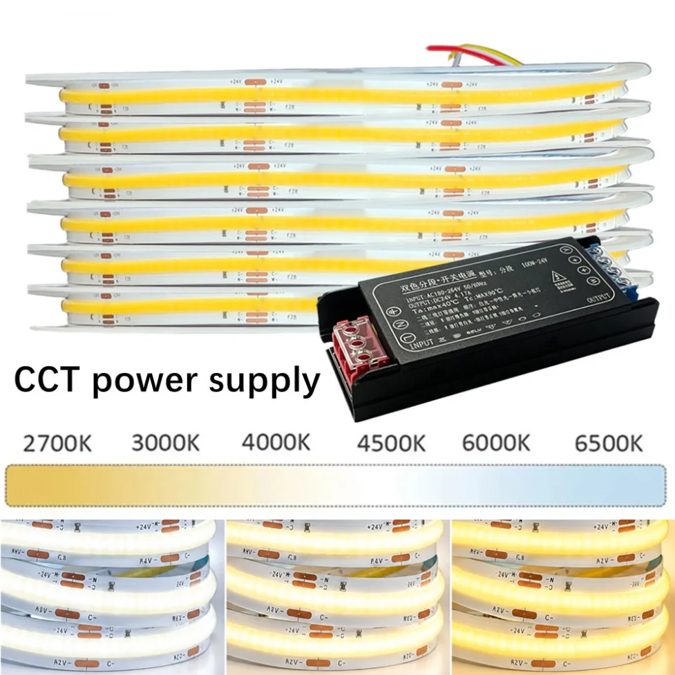 DC24V RA98 10mm COB LED Strip 608LEDs/m CCT Dimmable 2700K-6500K Dual Color Linear Flexible with Power Kit for DIY Home Lighting