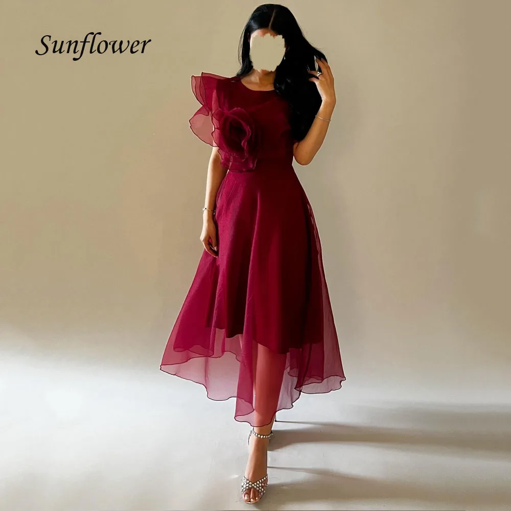 Sunflower gaun malam Formal kerah O, gaun pesta panjang sepergelangan kaki ramping Organza Arab Saudi, Gaun malam Formal A-LINE sederhana, merah