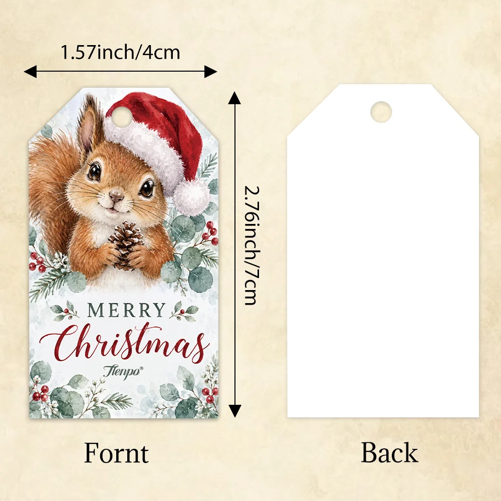 40pcs, Gift Tags, Watercolor Cute Christmas Animals, Hanging Paper Labels for Gift Wrapping, Holiday Party Decor with String