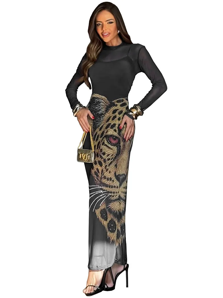 

Женский сексуальный комплект из двух предметов: платье из сетки с бисером и принтом, костюм из 2 предметов, с принтом тигра, весна-осень, макси-платье, женское, DS312