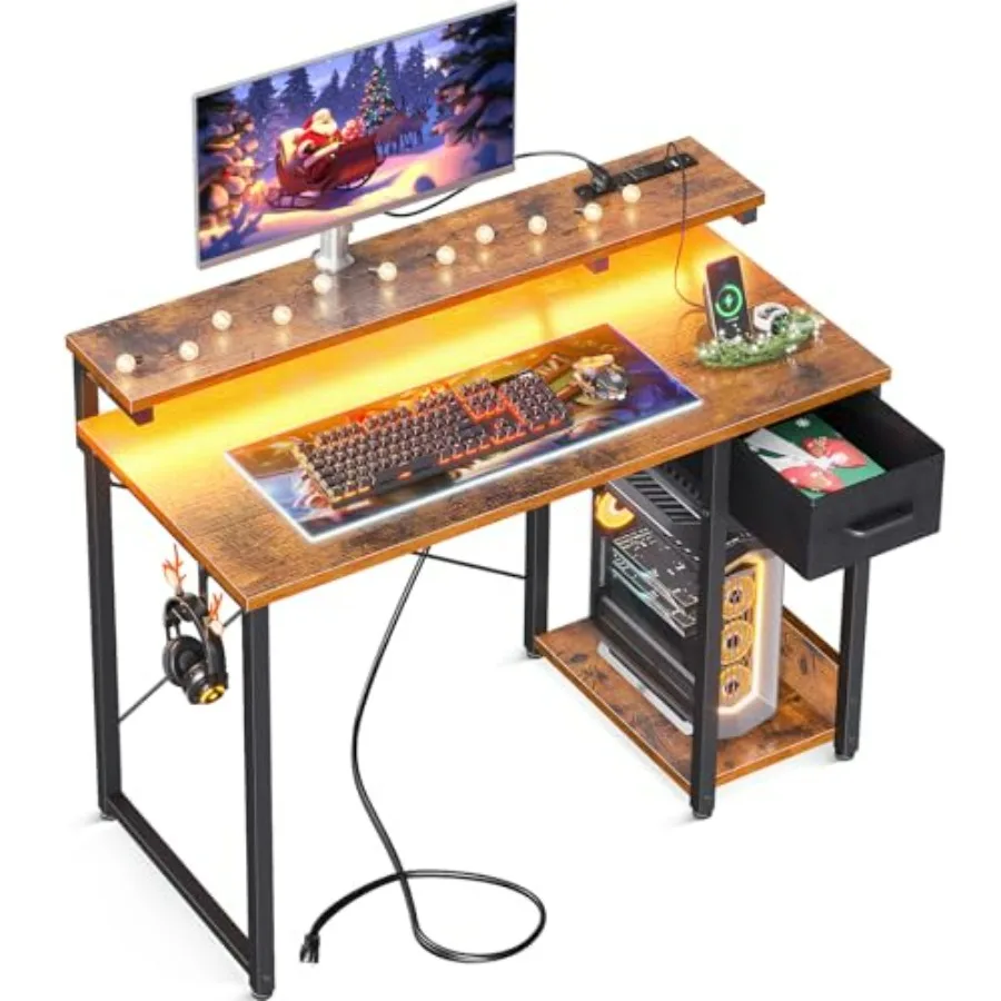 

40 Inch Gaming Desk with LED Lights Power Outlet Rustic Brown Wooden Computer Desk with Drawer Reversible Small Desk with Monit