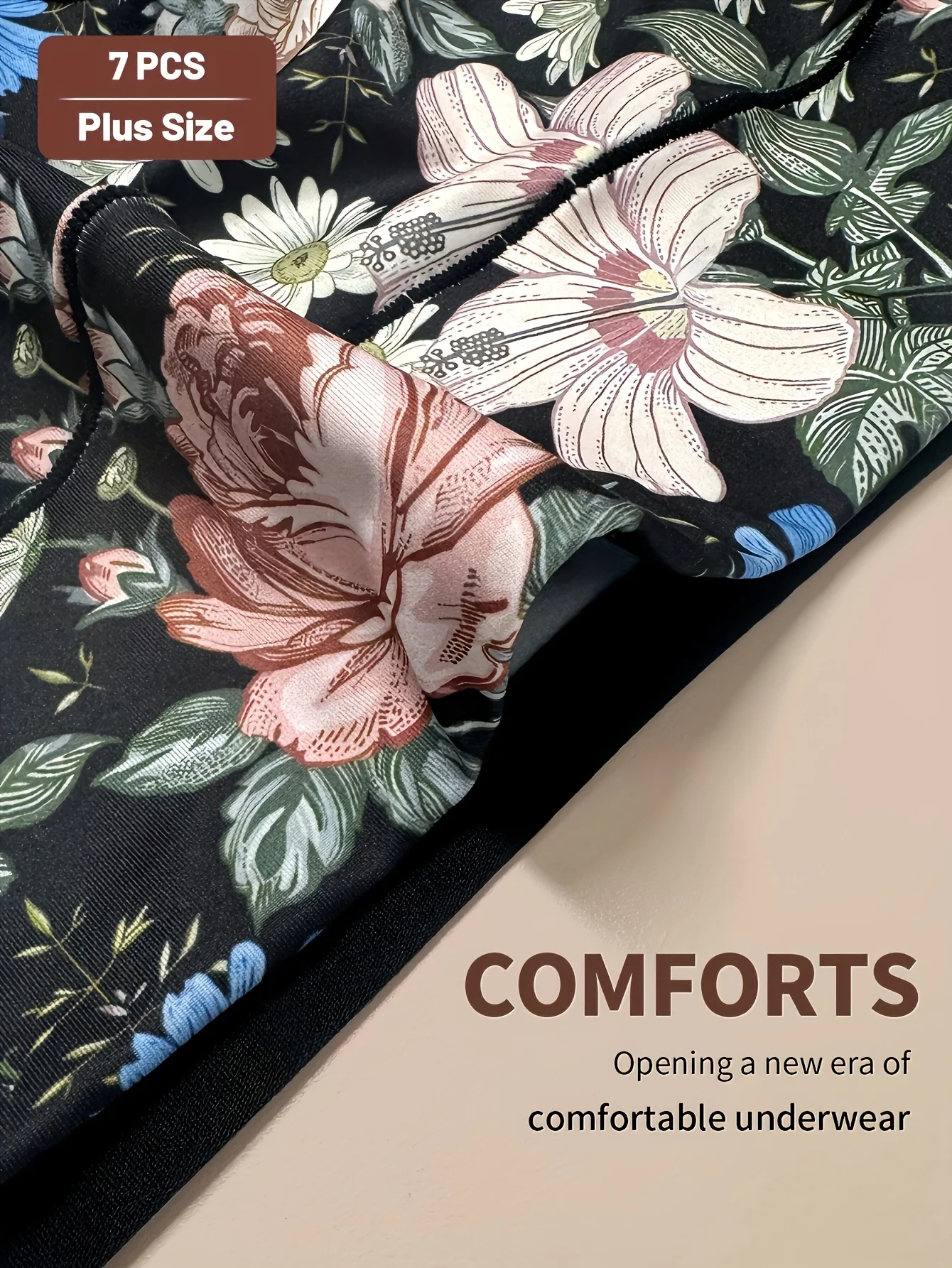 7 قطع سراويل داخلية نسائية عالية الخصر مقاس كبير - طباعة زهور أنيقة، تحكم في البطن ورفع المؤخرة، مزيج بوليستر مسامي،