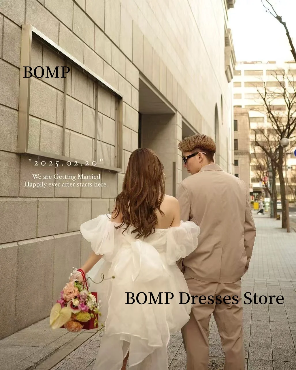 BOMP Bow Wedding Dresses Korea Photo shoot Off Shoulder Short Princess Bridal Gowns Customized 웨딩드레스 image 2