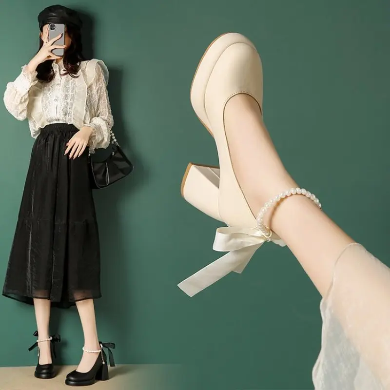 New Pearl Ankle Strap Platform Women's High Heel Shoes Women's Bow Dress Shoes Women's Fashion Casual Comfort Simple Plus Siz 43
