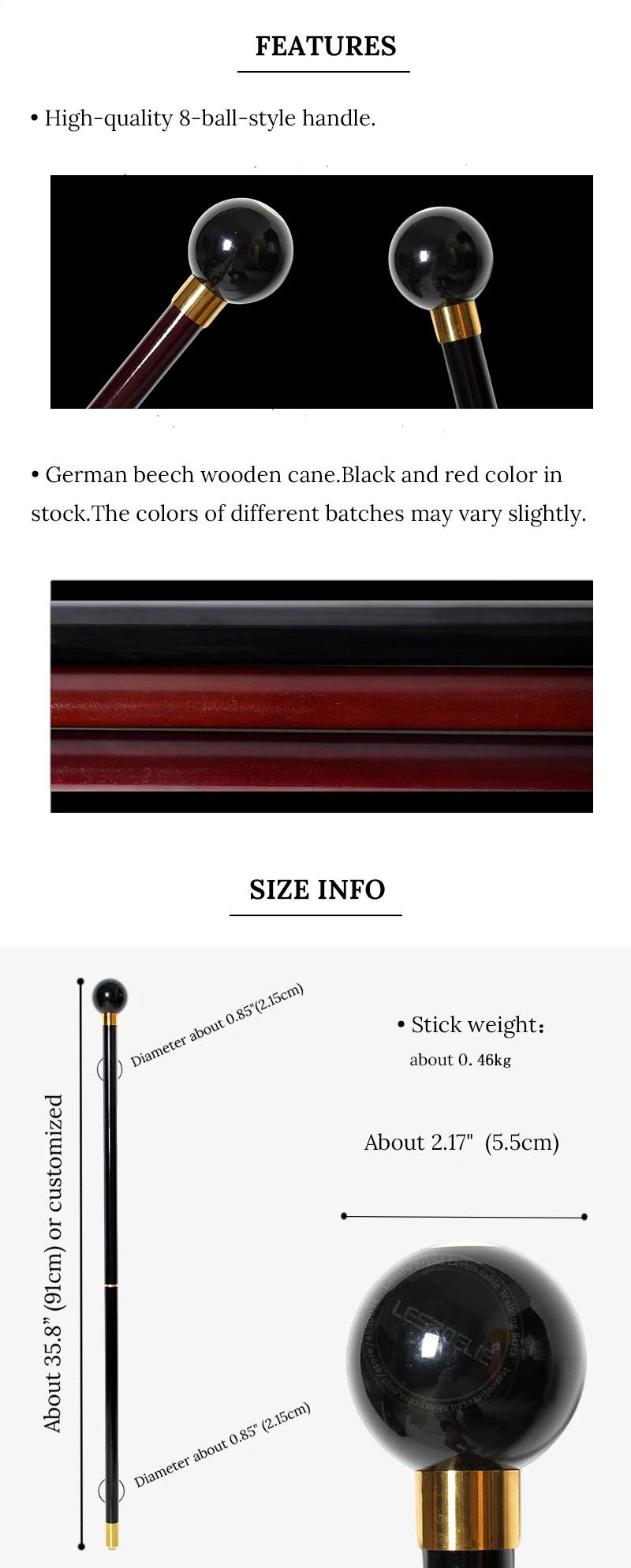 Black Beech Wood Walking Cane with 8 Ball Handle 2-Piece Detachable Fashionable Stick for Men And Women Daily Use Cosplay