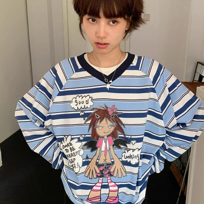 أزياء مخططة طباعة تي شيرت المرأة اليابانية الخامس الرقبة طويلة الأكمام المرأة تي شيرت Y2K الشارع الشهير ملابس نسائية فضفاضة غير رسمية #4
