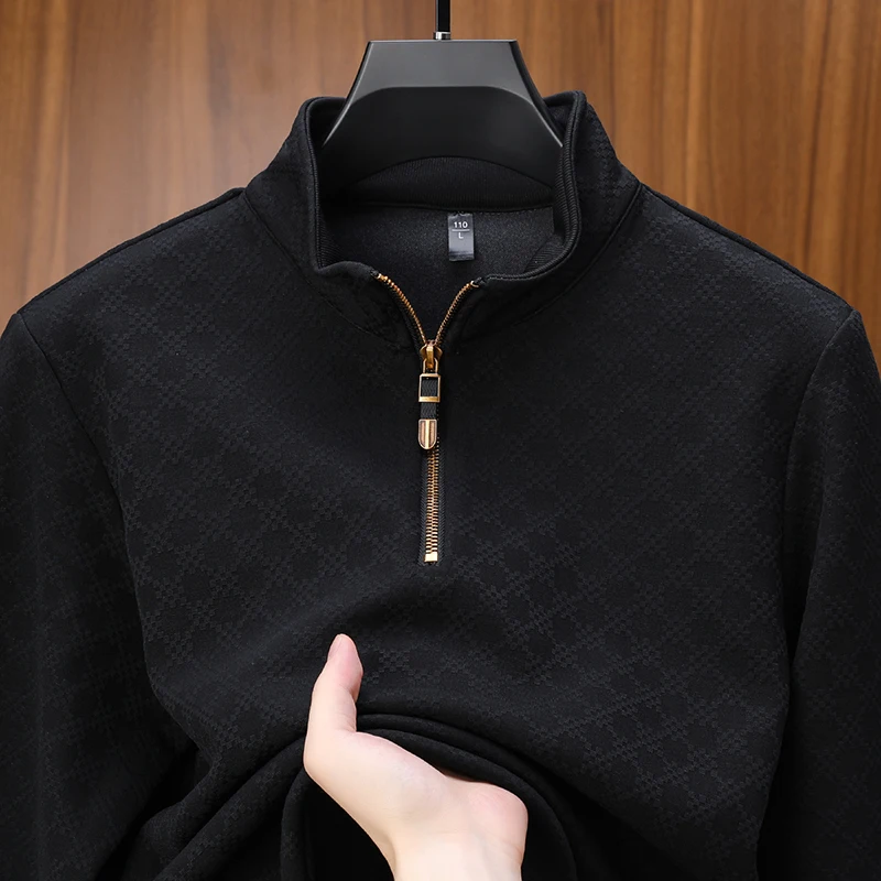 Luxury Quality Men's Thick Hoodie Stand Collar Zipper Plaid Print Long Sleeve Pullover Winter Business Fashion Classic Menswear