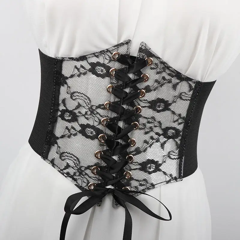 Women Wide Lace Corset Waist Belt Flower Embroidery Nylon Waistband Strap Stretchy Decorative Slimming Body Belts