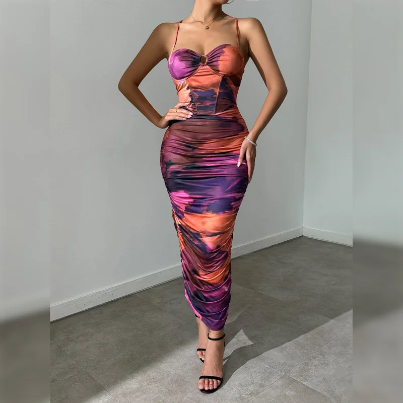 

New Beach Party Tie-Dye Printed Ruched Strap Slim Fit Backless Long Bodycon Sexy Dress A1540