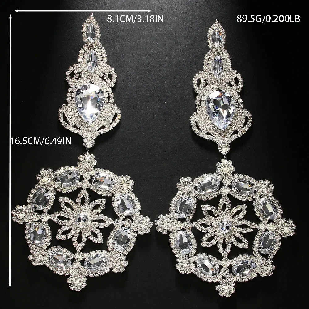 Stonefans Elegant Black Oversize Flower Earrings Piercing Bridal Jewelry Hollow Exaggerated Rhinestone Dangle Earrings for Women